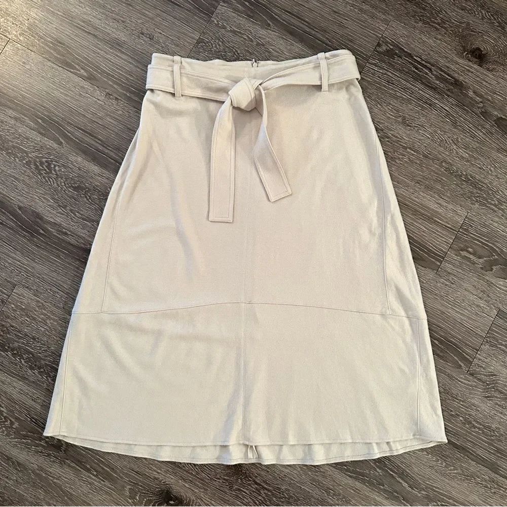 Vince High Waisted Wool Blend Belted Skirt in Oatmeal